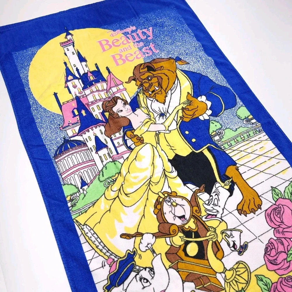 Vintage 90s Disney Beauty and the Beast Bath Beach Towel Cotton Franco EUC Vivid